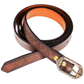 Leather Belt with Embossed Ornamental Pattern and Brass Buckle 130-170cm