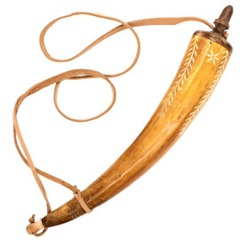 Hand Carved Powder Horn with Leather Strap