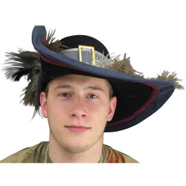 Mušketýrský klobouk zdobený přezkou, stuhou a pštrosími pery