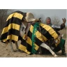 Koňská pokrývka čabraka, rytířský varkoč a korouhev, žluto-černý pruhovaný