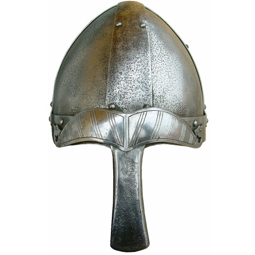 Normanská helma s tepaným nánosníkem a patinou