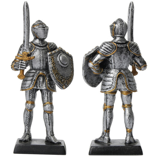 Figure of an armored knight in armet with sword and buckeled shield