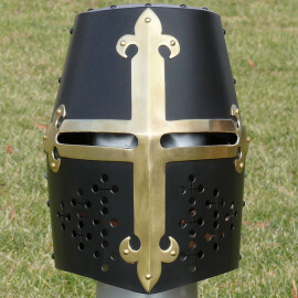 Blackened great helm with brass cross