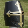 Blackened great helm with brass cross