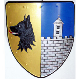 Shield with a coat of arms: wolf and castle
