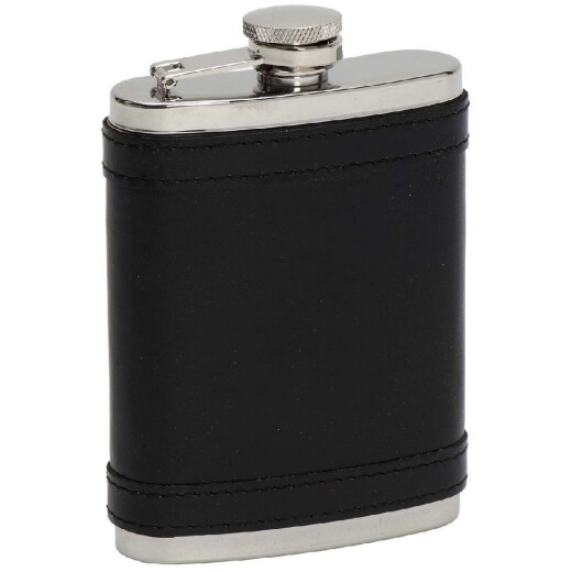 Hip flask coated with black leather