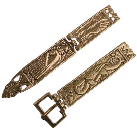 Romano-Celtic brass belt buckle with chape and strap end, 1370-1420