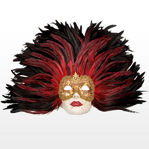 Venetian Mask Piuma rossa Grande Volto stucco oro