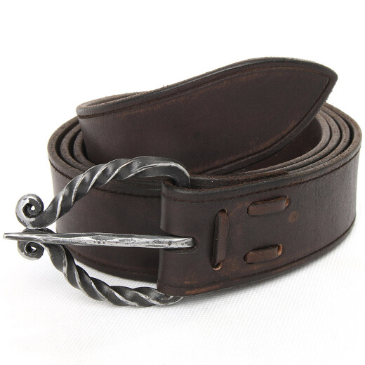 Leather belt with a twisted wrought buckle