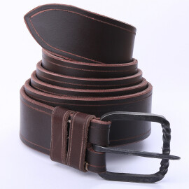 Leather belt with a hand-hammered wrought iron buckle