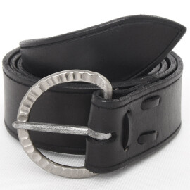 Leather belt with a hand-hammered wrought buckle