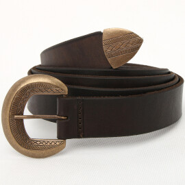 Leather belt with a decorated buckle and a strap end
