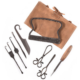 Medieval barber surgeons tool kit in leather bag