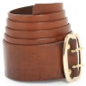 Broad leather belt with brass buckle, brown